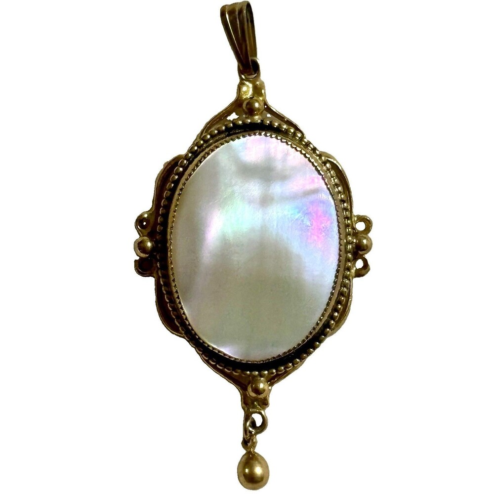 Vintage Mother of Pearl Pendant Ornate Gold Color MOP Dangle Estate Jewelry
